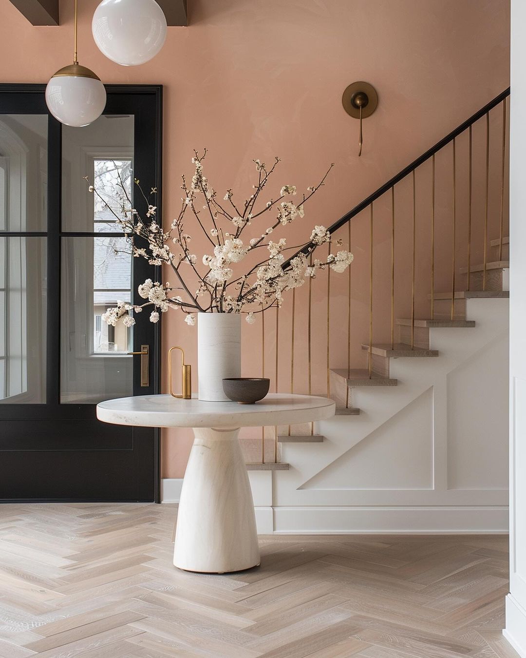 A modern entryway with a unique blush pink wall contrast and herringbone flooring