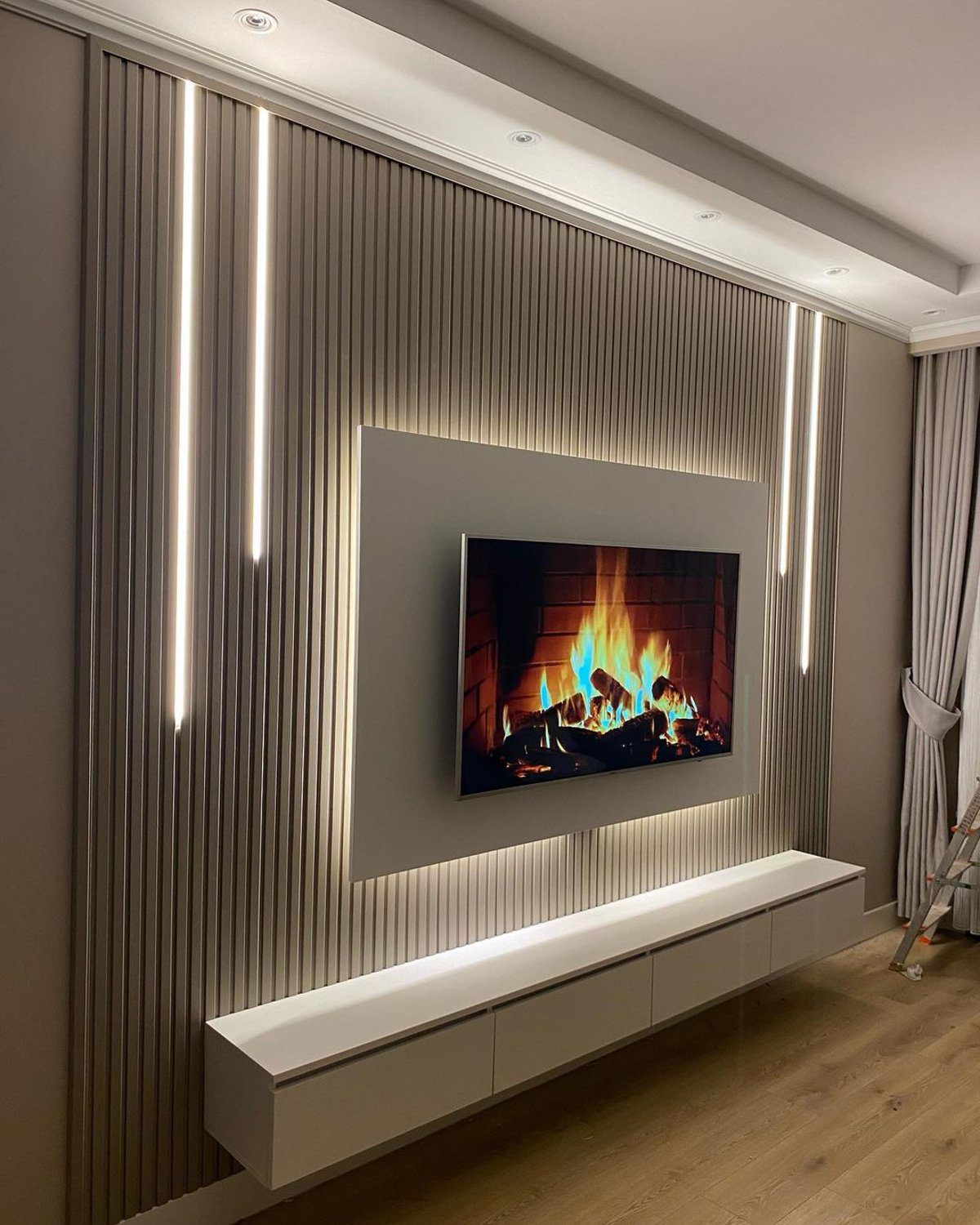 Elegant modern fireplace with ambient lighting