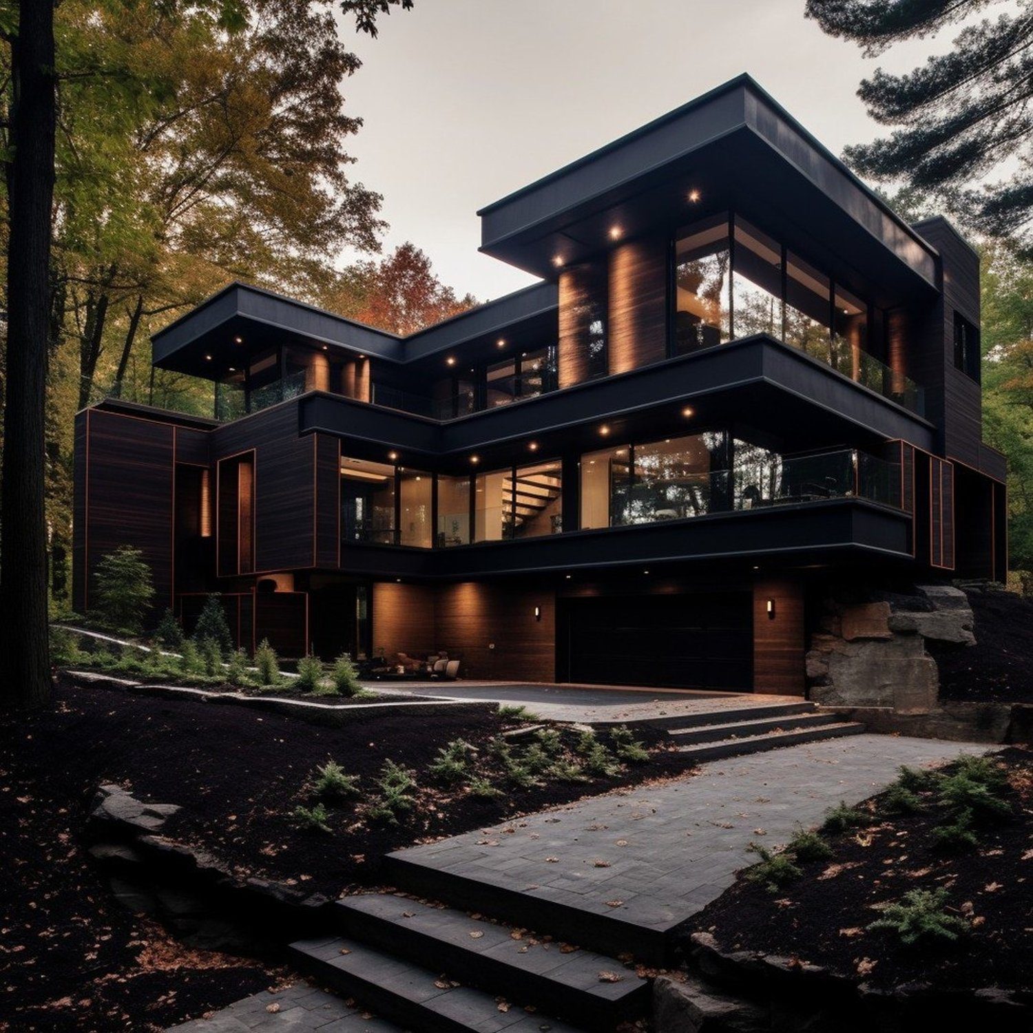 Elegant modern house with geometric design nestled in a forest