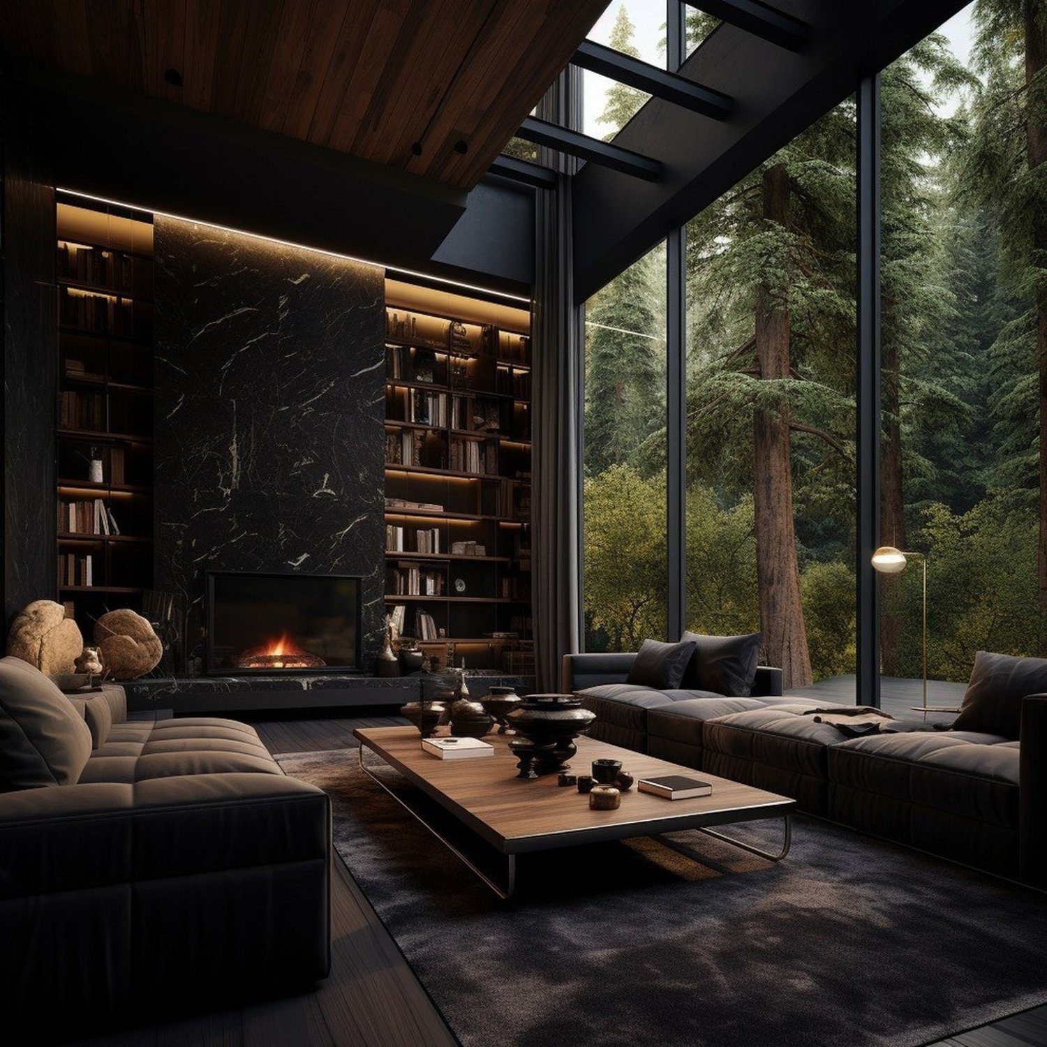 A cozy modern living room with floor-to-ceiling windows overlooking a lush forest, a fireplace with a dark marble backdrop, and a built-in bookshelf filled with books.