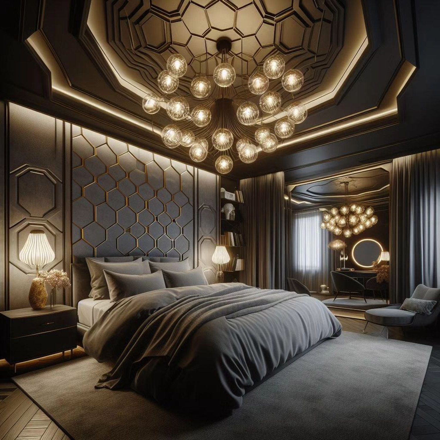 A luxuriously designed bedroom with a geometric ceiling and mood lighting