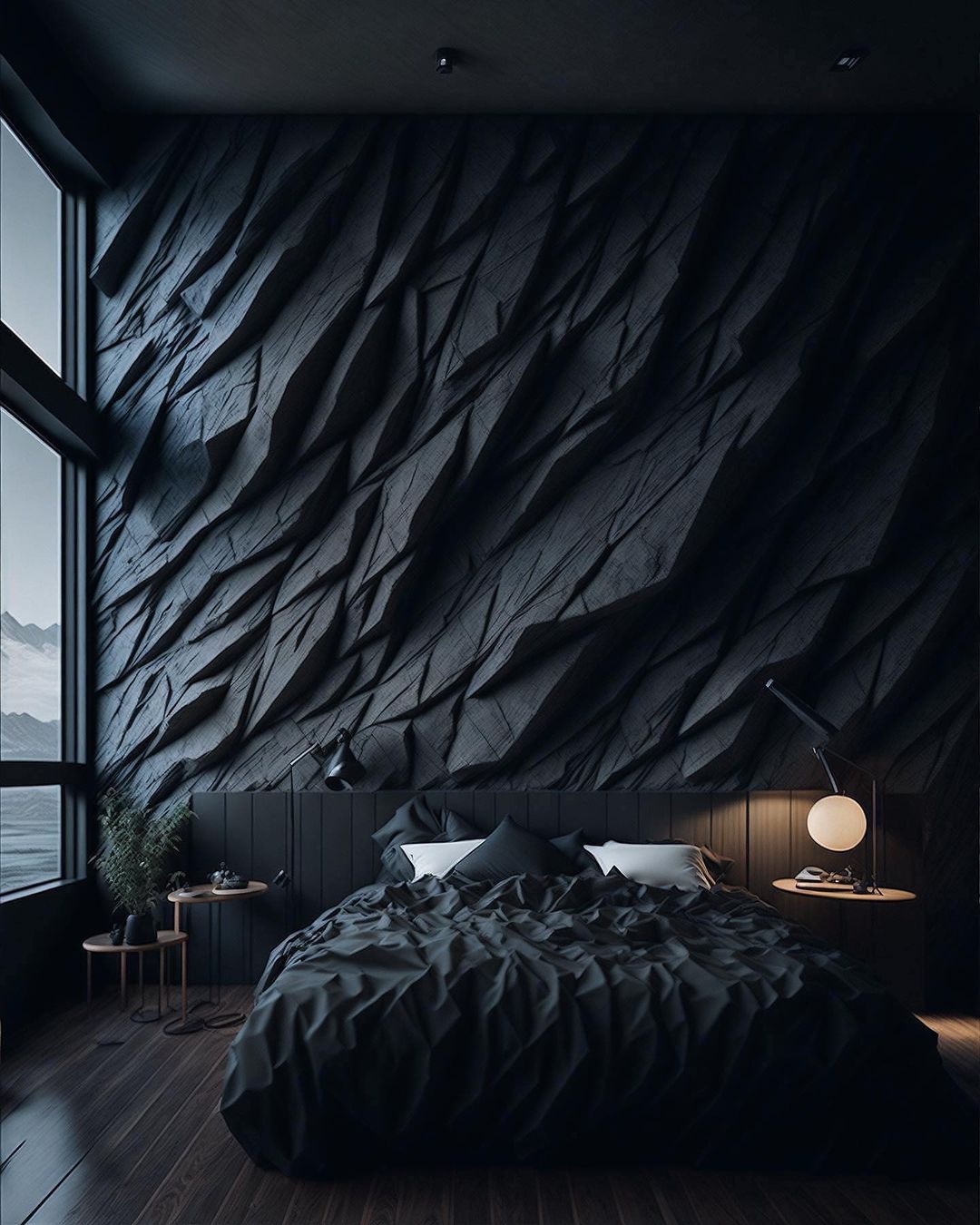 A modern bedroom featuring a dynamic 3D geometric wall texture