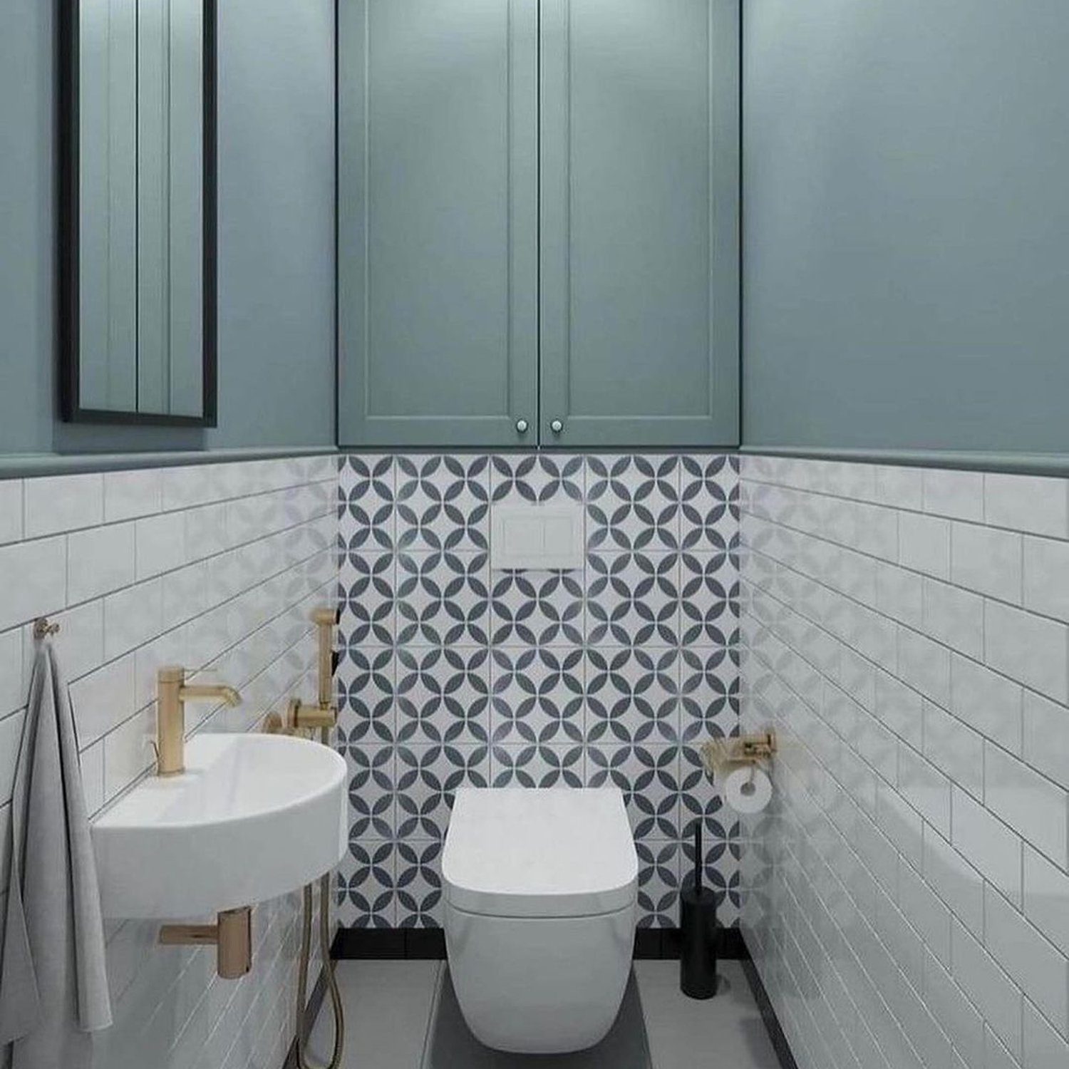 A modern bathroom with geometric tile patterns