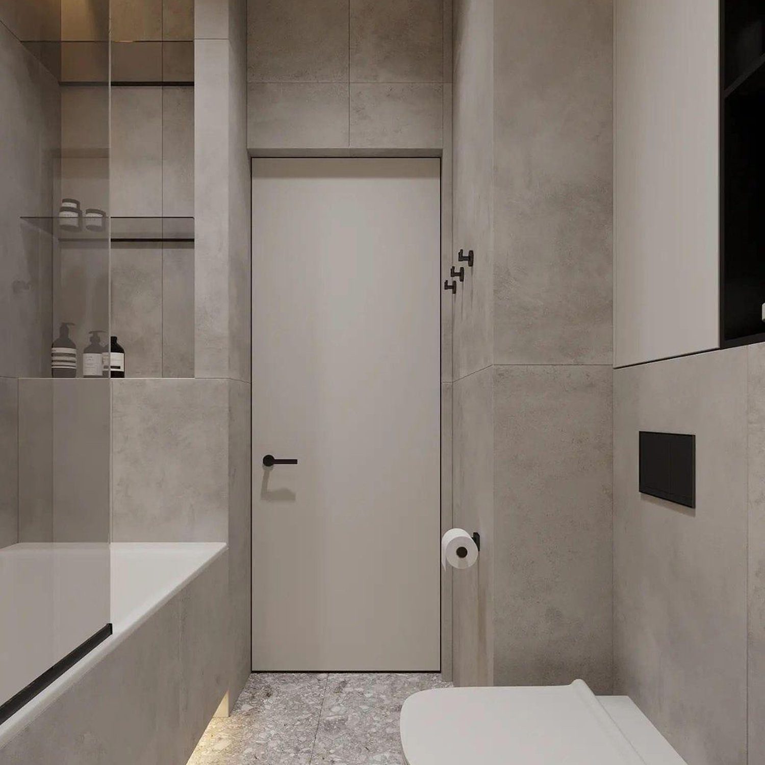 A minimalistic and sleek bathroom design featuring gray tiles and a smooth terrain-like terrazzo floor.