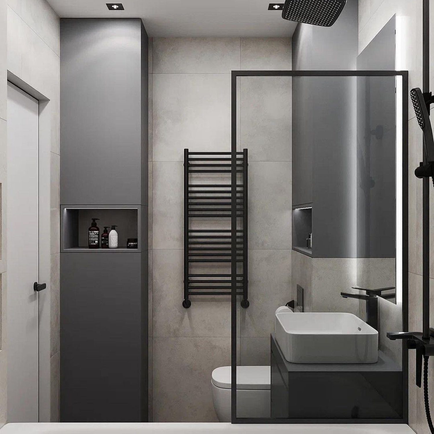 A sleek and modern bathroom featuring a monochromatic gray color scheme