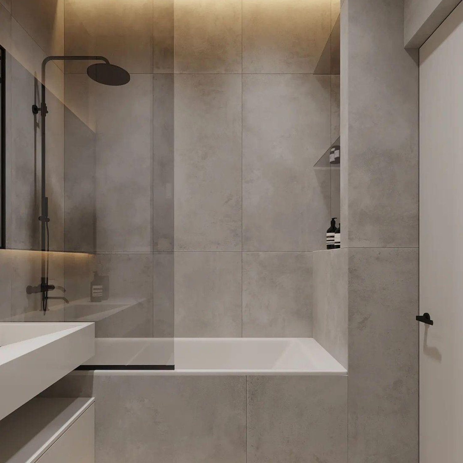 A sleek and modern bathroom with uniform grey tiles