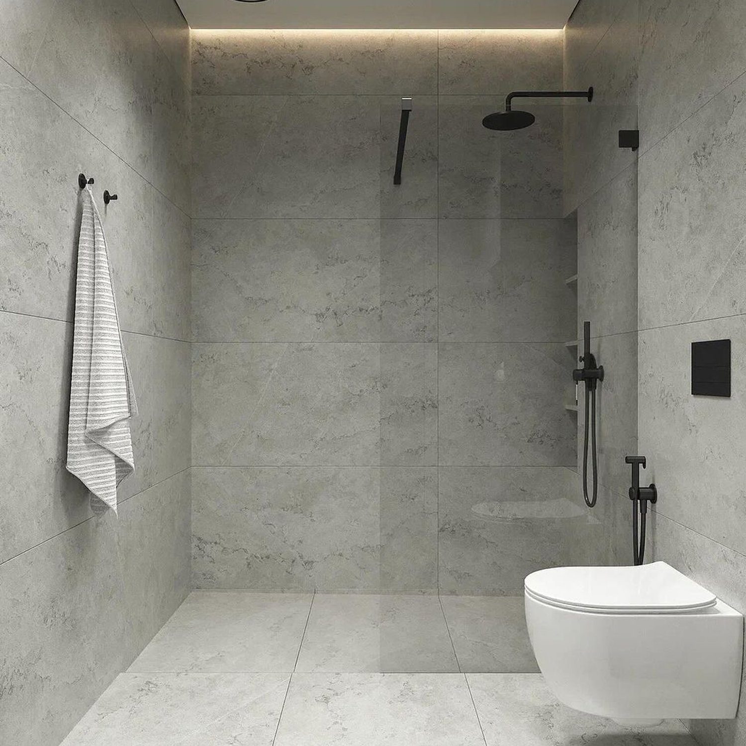 A modern and minimalist bathroom with homogenous grey tiling