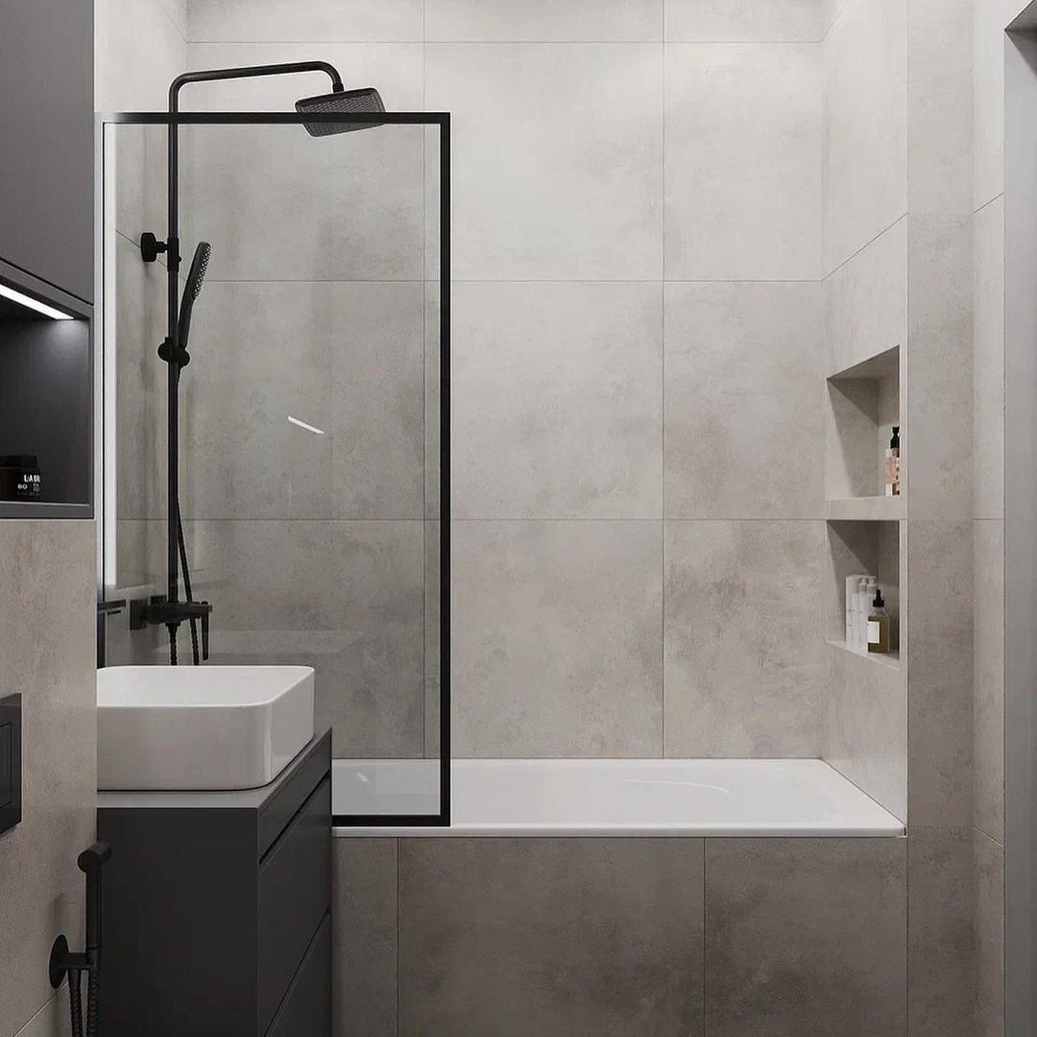 A minimalist grey-toned bathroom featuring sleek fixtures