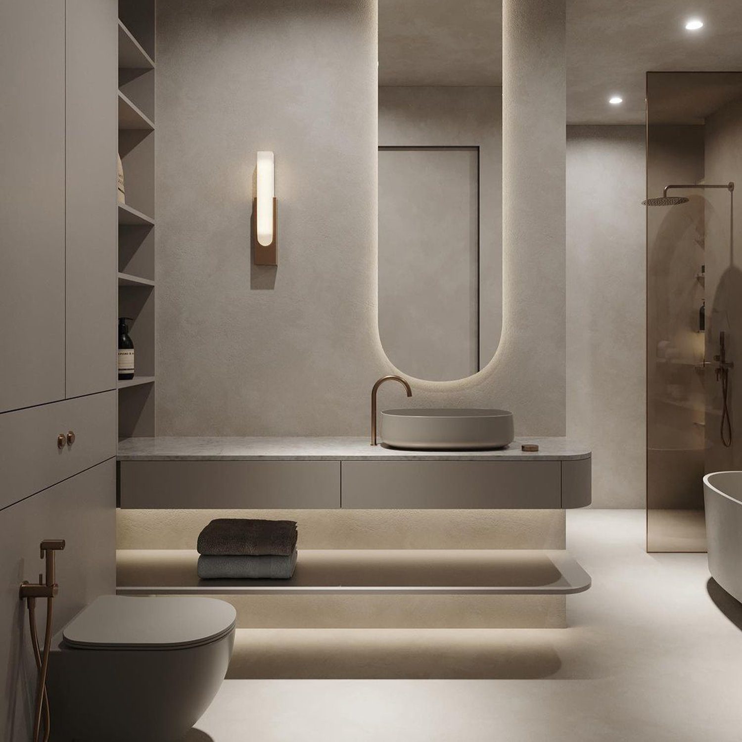 A tastefully designed modern bathroom with harmonious grey tones