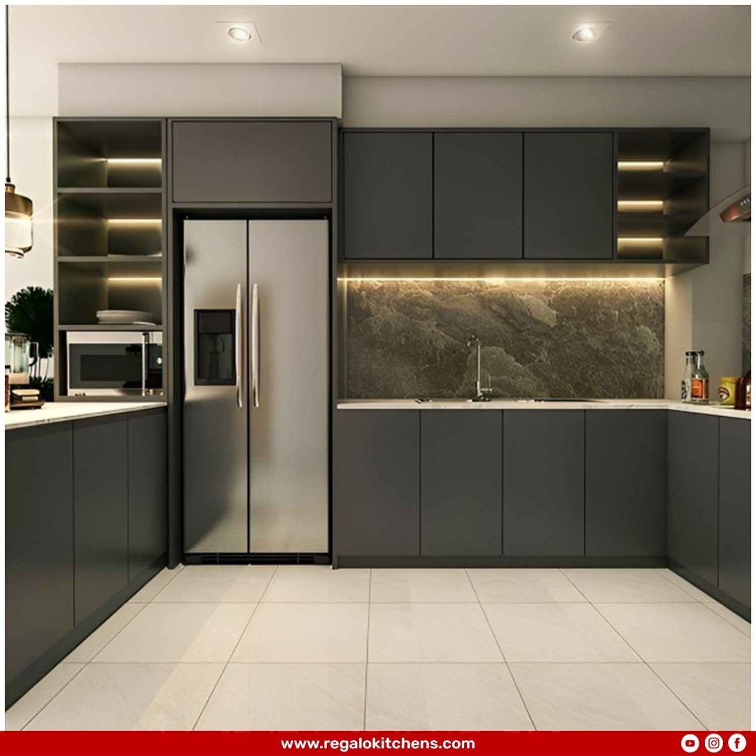 A modern kitchen with sleek grey cabinetry and integrated appliances