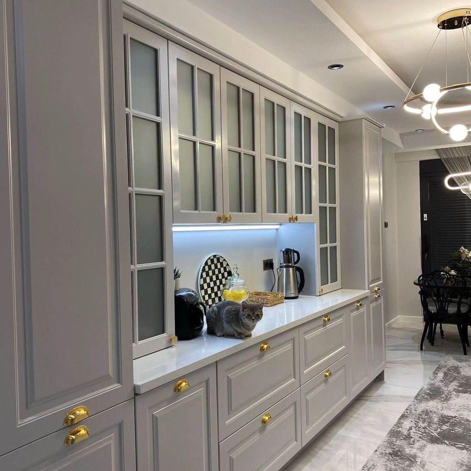 A grey-toned kitchen featuring a curious cat on the countertop