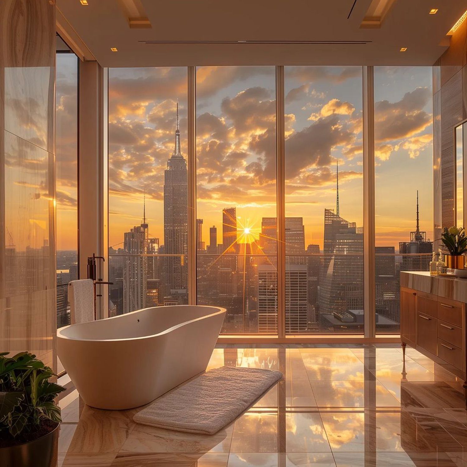 Luxurious bathroom with a city view