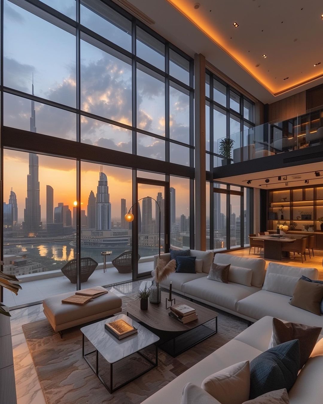 A modern high-rise living room with floor-to-ceiling windows offering a panoramic view of a city skyline at sunset.