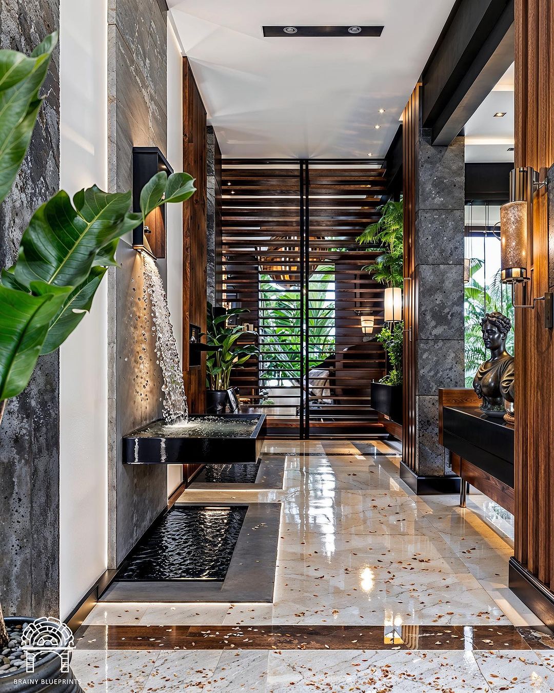 A harmonious blend of natural elements in a modern home corridor.