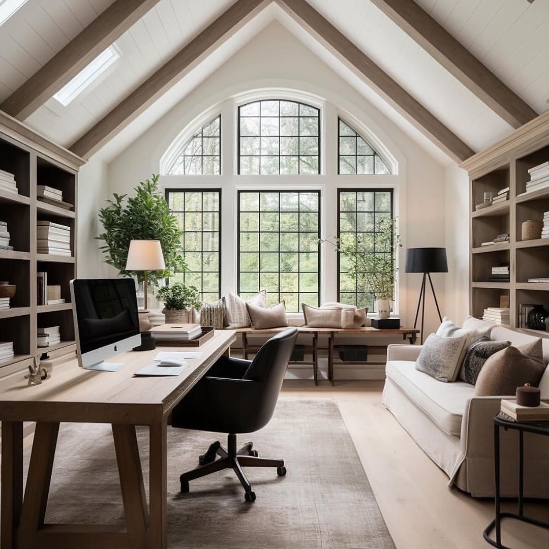 A modern home office with large arched windows