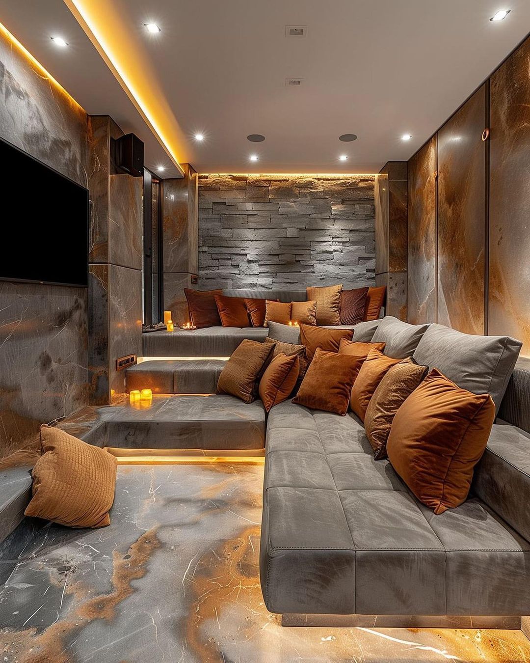 A modern home theater with stylish tiered seating and ambient lighting