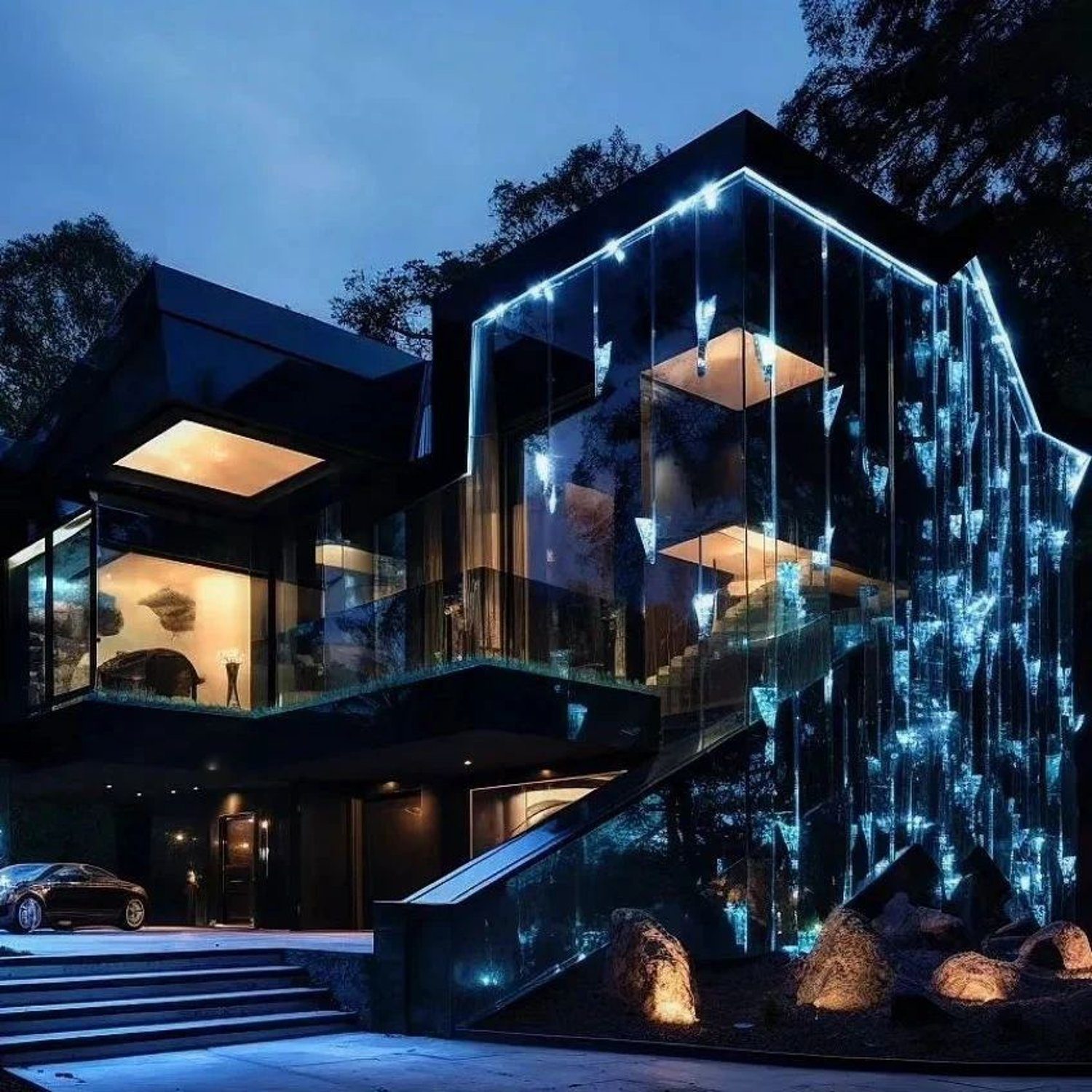 An architecturally stunning contemporary residence illuminated at dusk