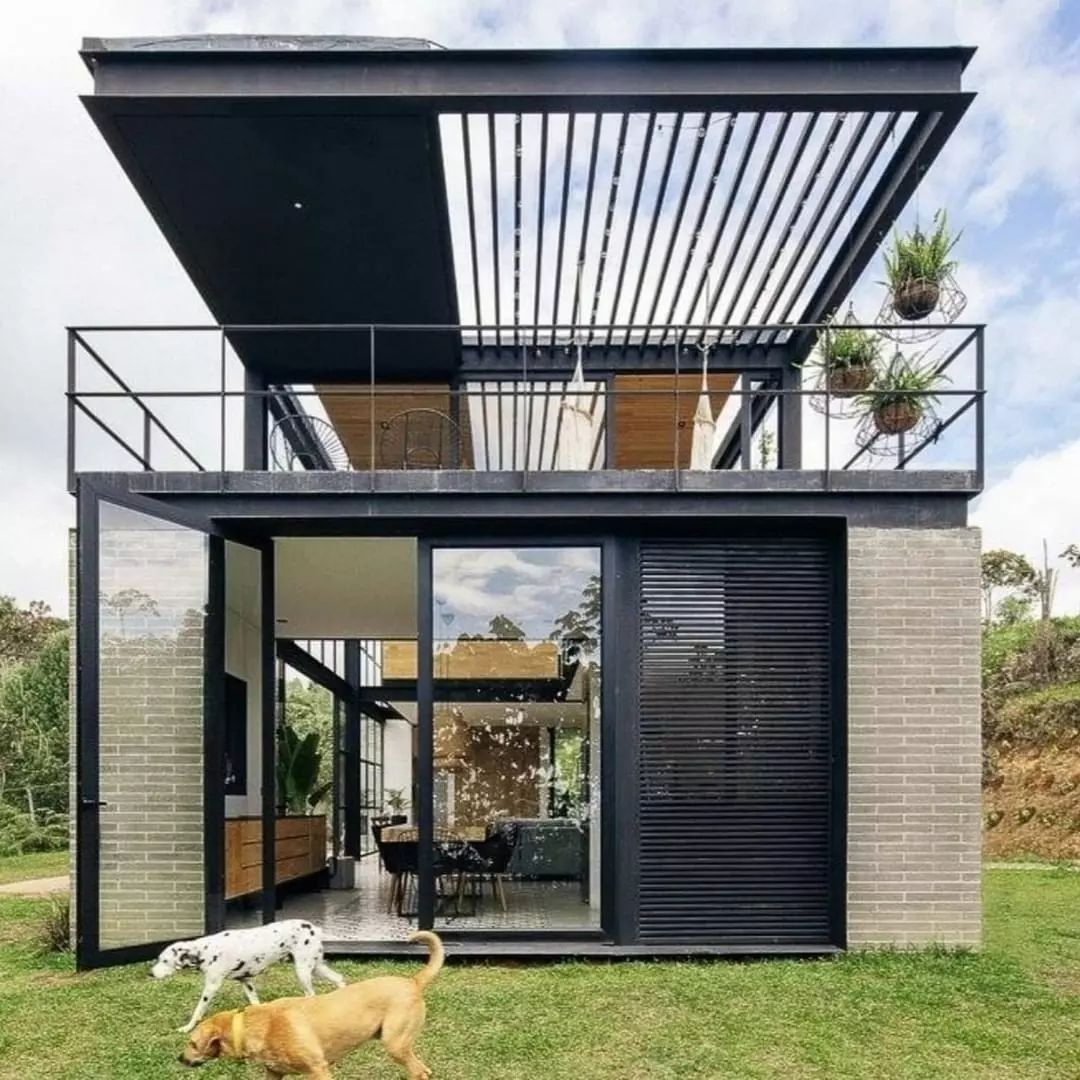 A modern two-story home with contrasting dark tones and brick textures, large windows, and a balcony with hanging plants. Two dogs are playfully wandering in the yard.