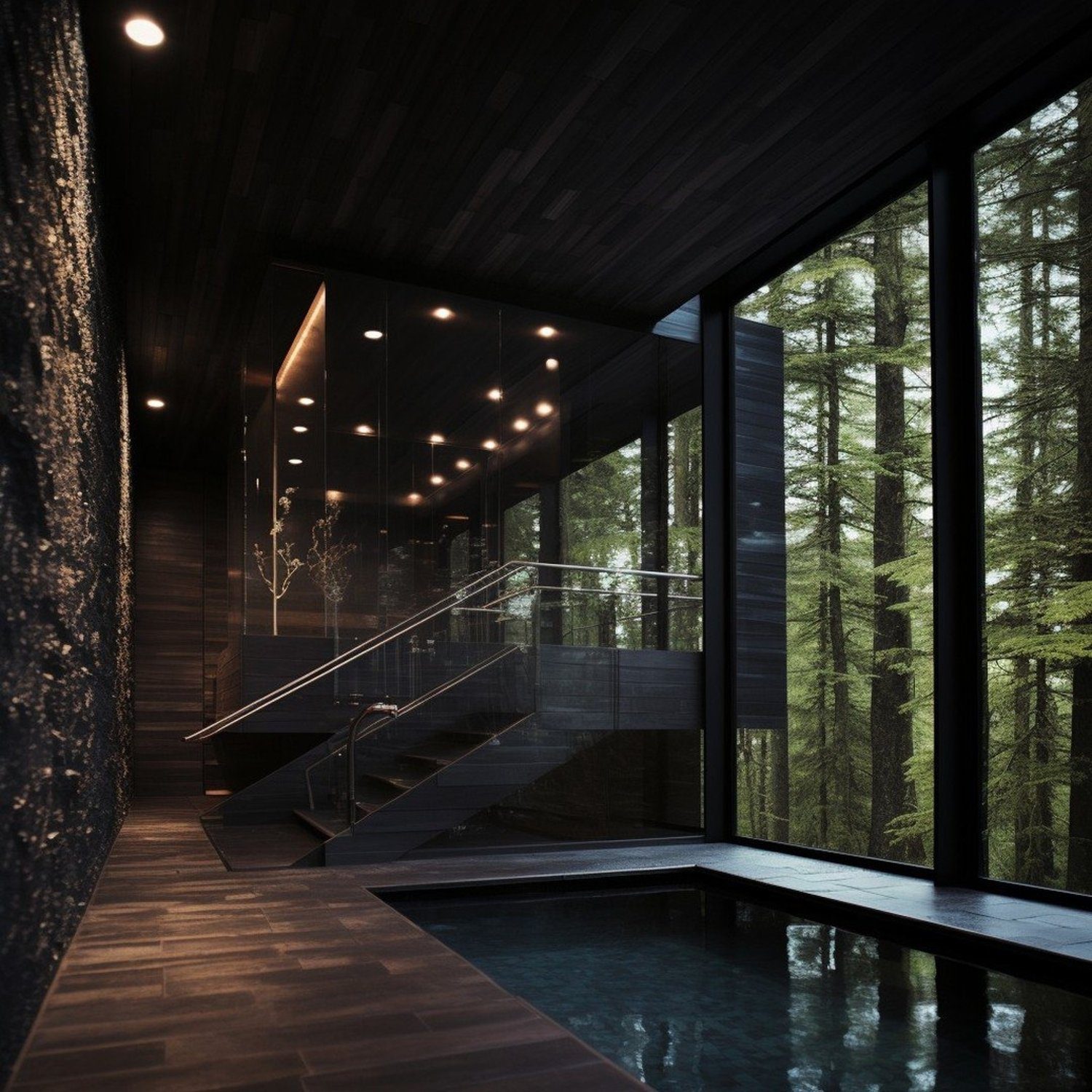 An elegant indoor pool with floor-to-ceiling windows overlooking a dense forest