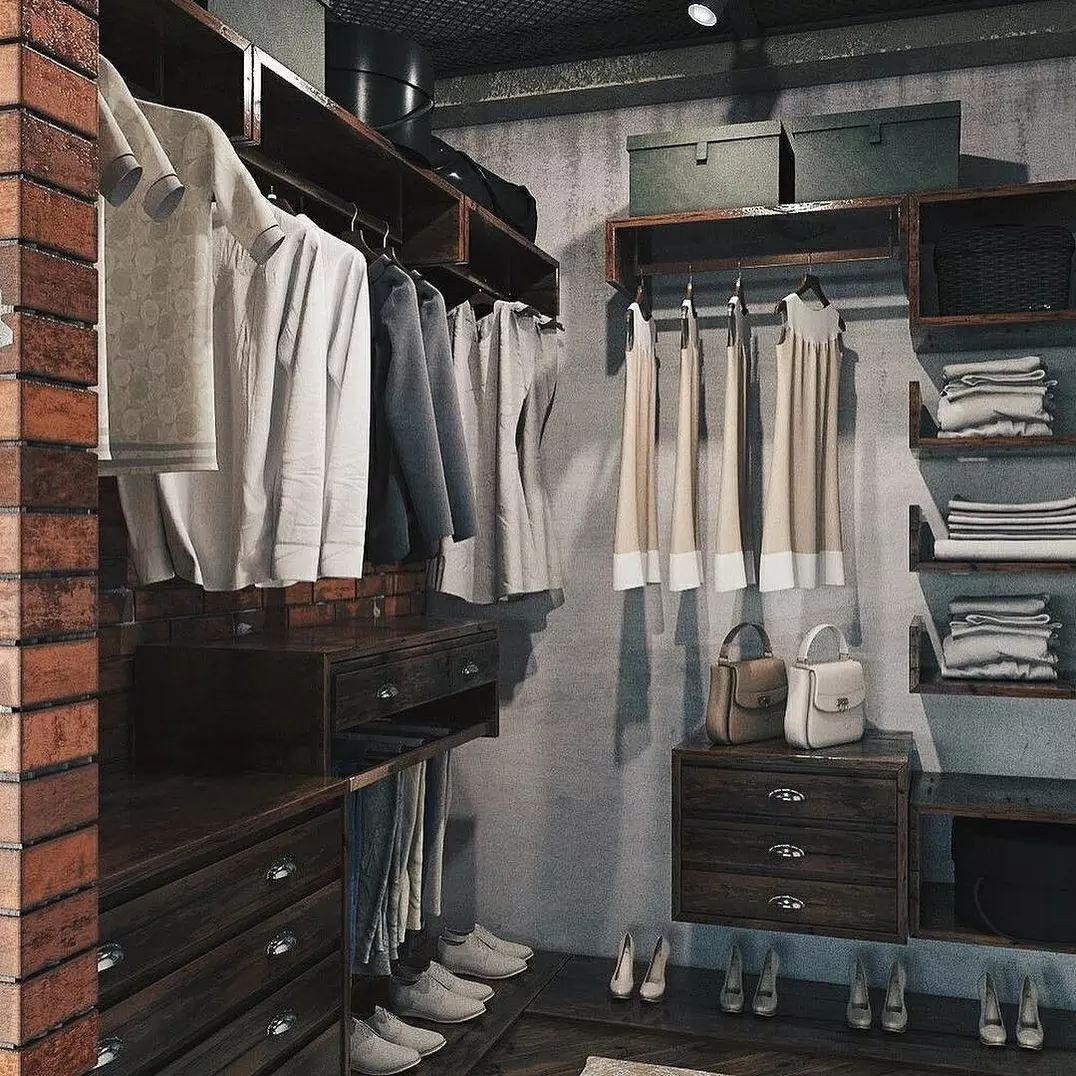 A neatly organized walk-in closet with a modern industrial vibe.