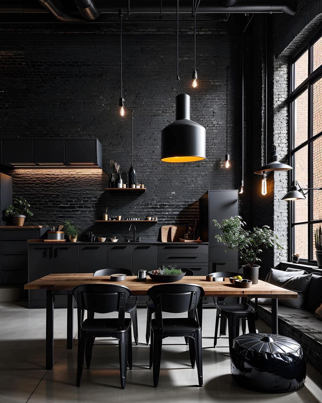 A modern industrial kitchen featuring dark, matte cabinetry, exposed brick walls, and sleek black appliances