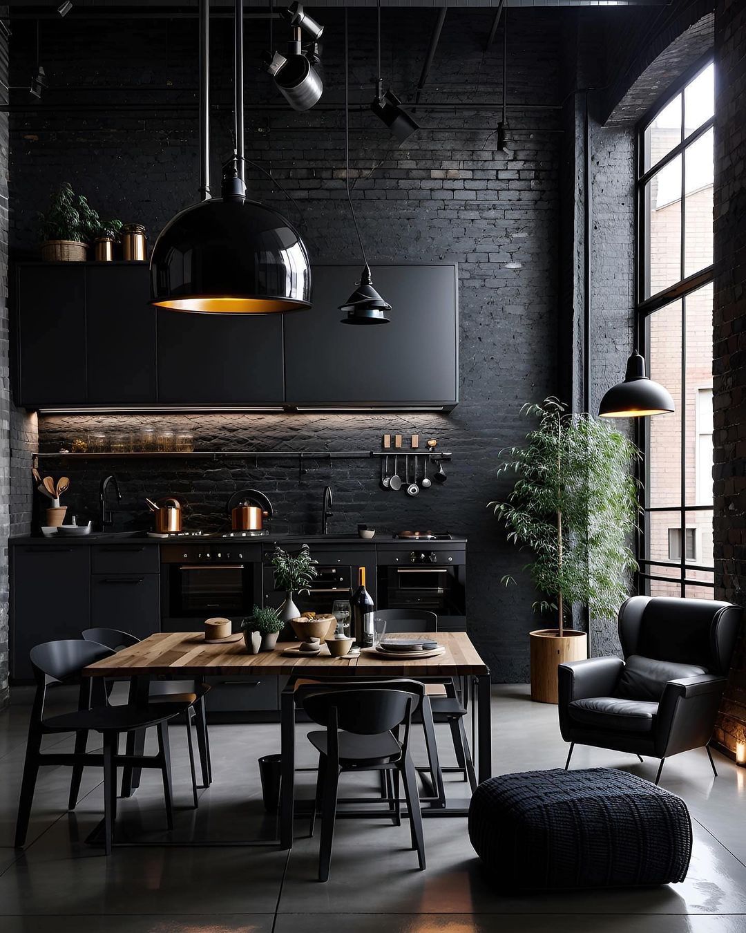 A modern kitchen with dark grey tones, exposed brick walls, and industrial-style lighting fixtures