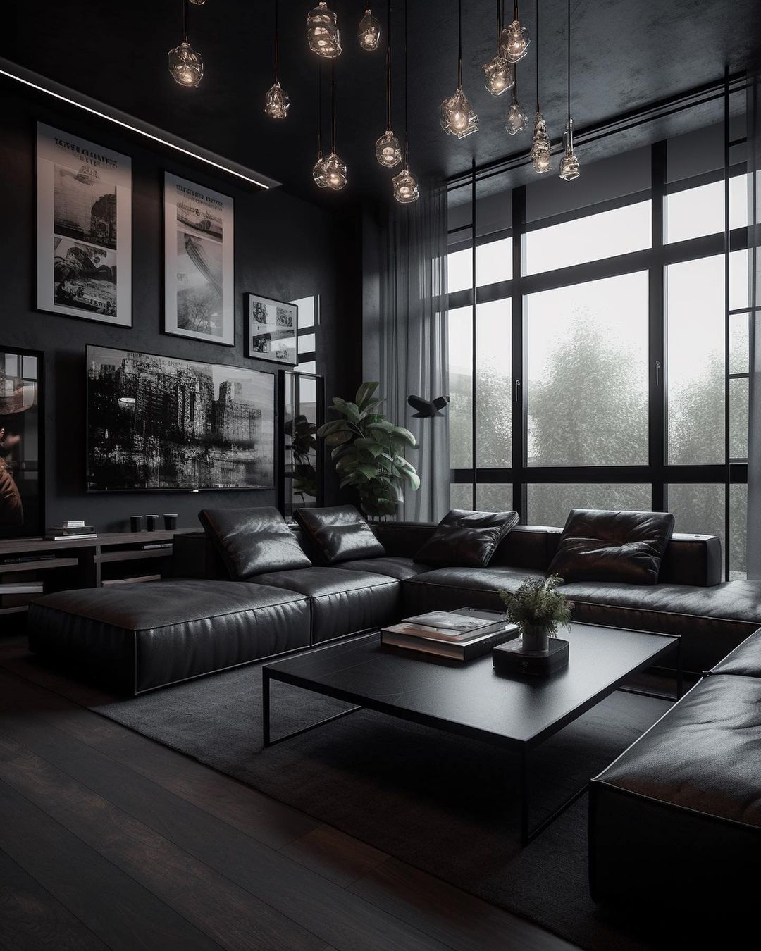 A chic and modern living room featuring a luxurious dark leather sectional, underlit by ambient hanging Edison bulbs.