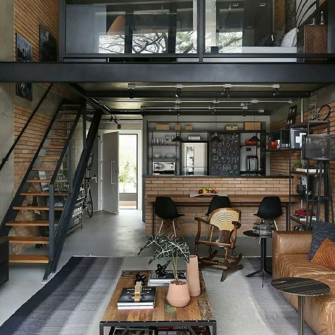 A modern multi-level living space with industrial elements