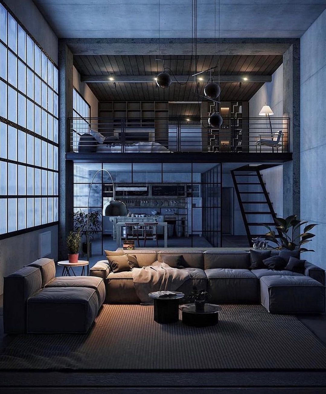 A modern loft-style living space with high ceilings and industrial accents