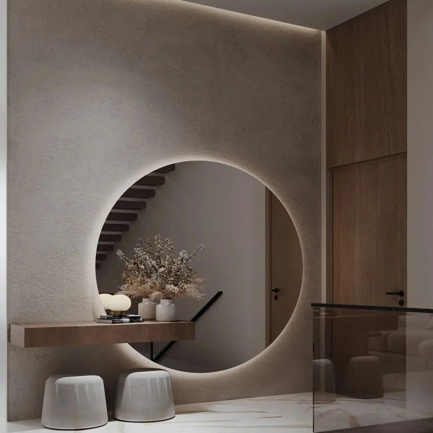 Elegant minimalist interior design featuring a large circular cut-out wall opening