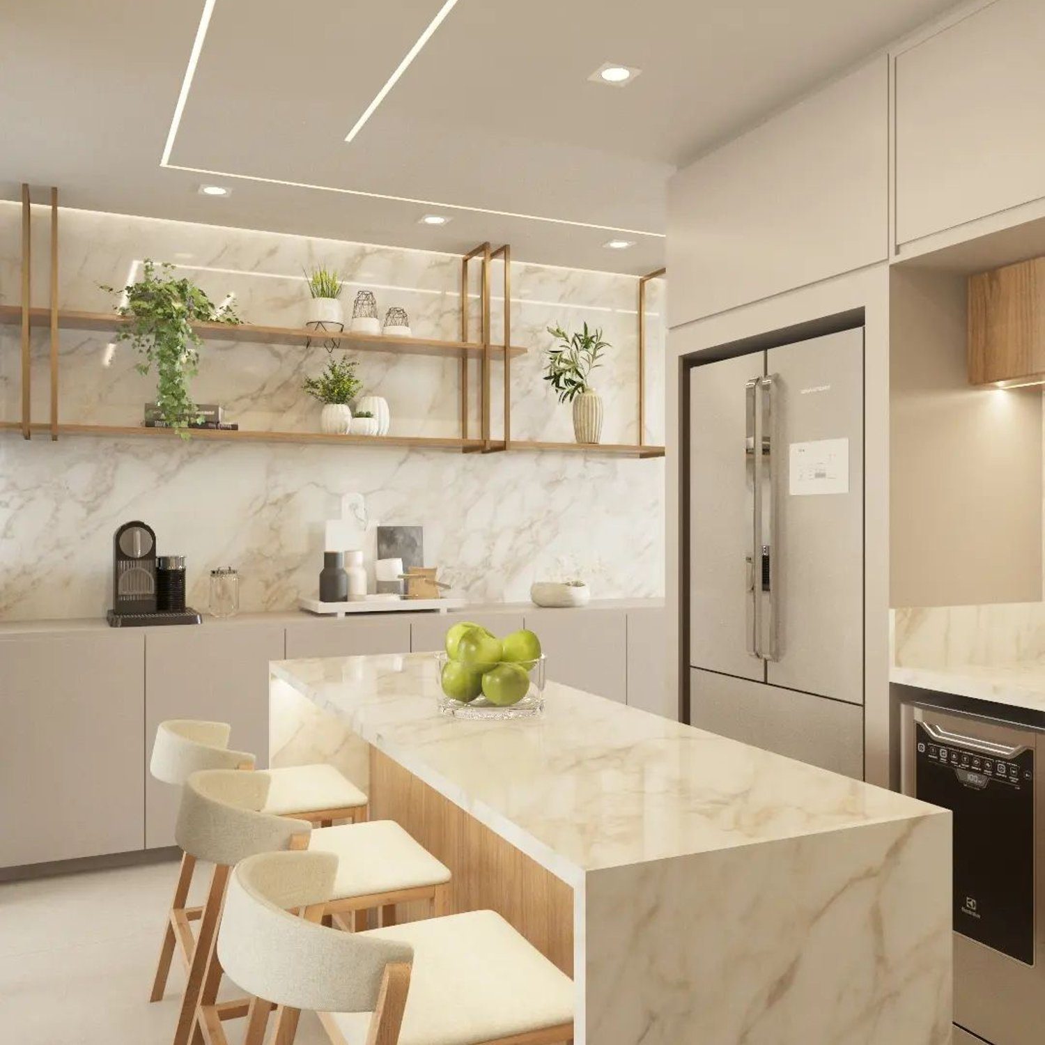 A sleek modern kitchen with marble countertops