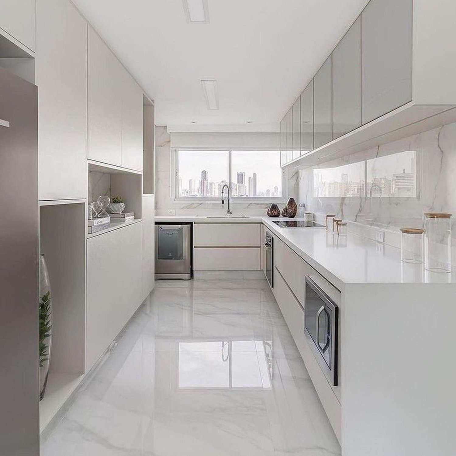 A sleek and modern kitchen with a view