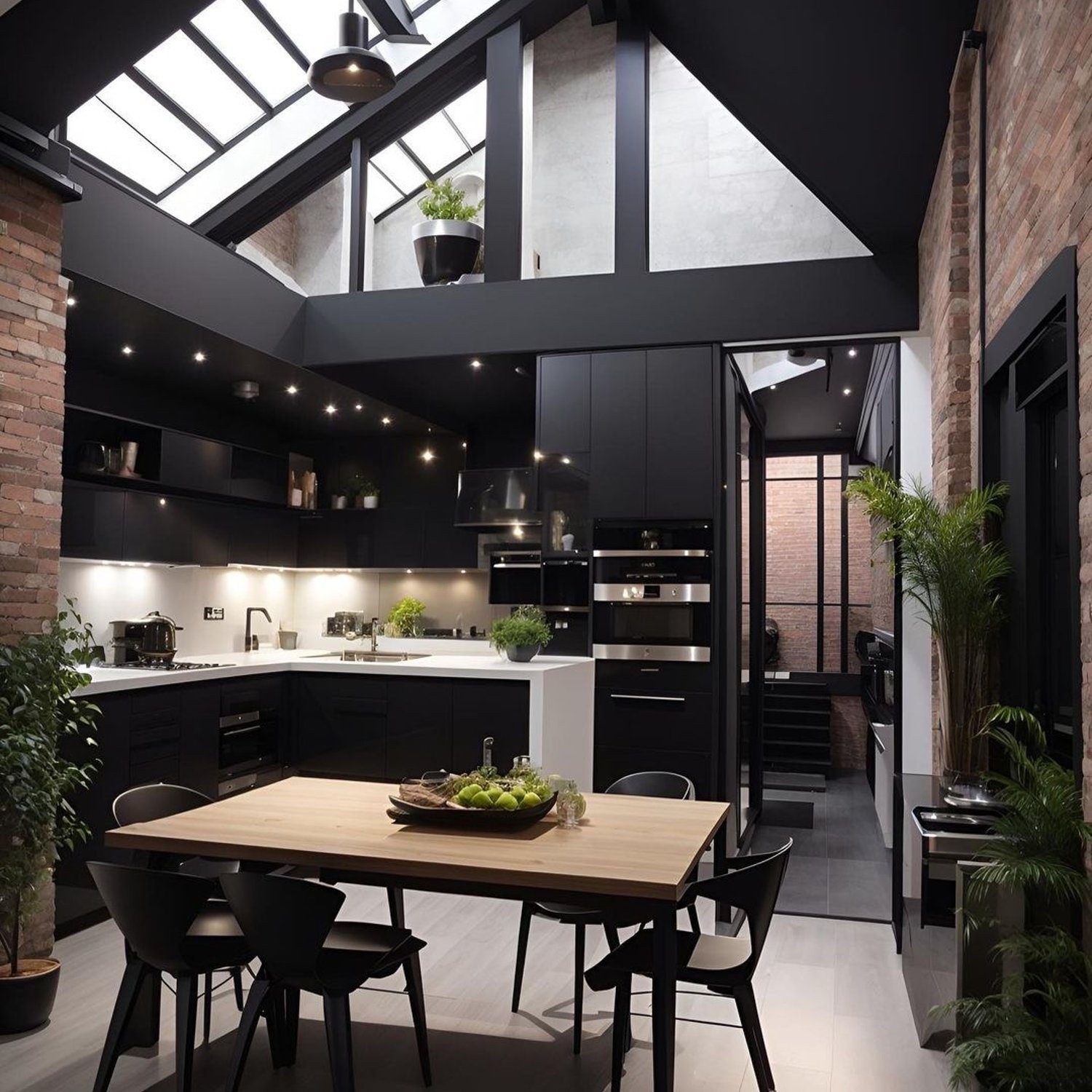 A sophisticated modern kitchen with exposed brick, sleek black cabinetry, and skylights