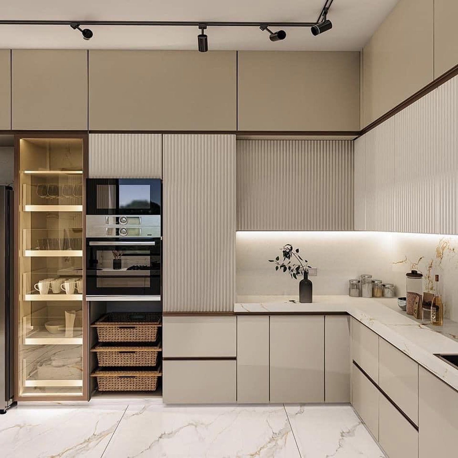 A sleek and modern kitchen featuring integrated appliances and marble flooring