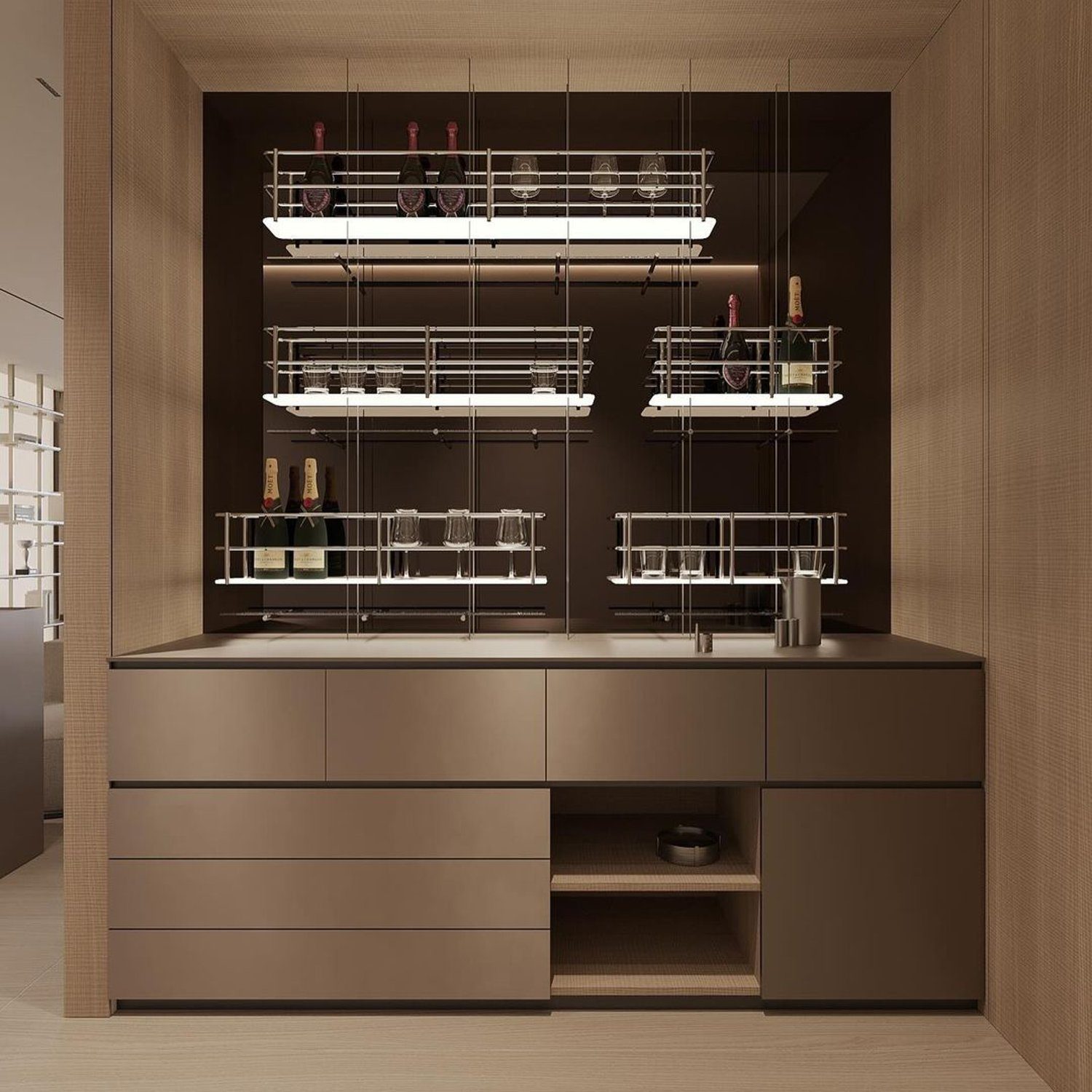 Minimalist kitchen design with sleek brown cabinetry and modern metal wine racks