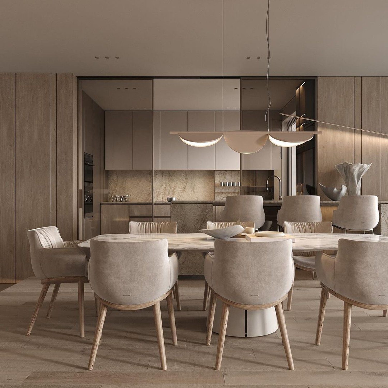 Elegant modern kitchen and dining area with wood finishes and neutral tones