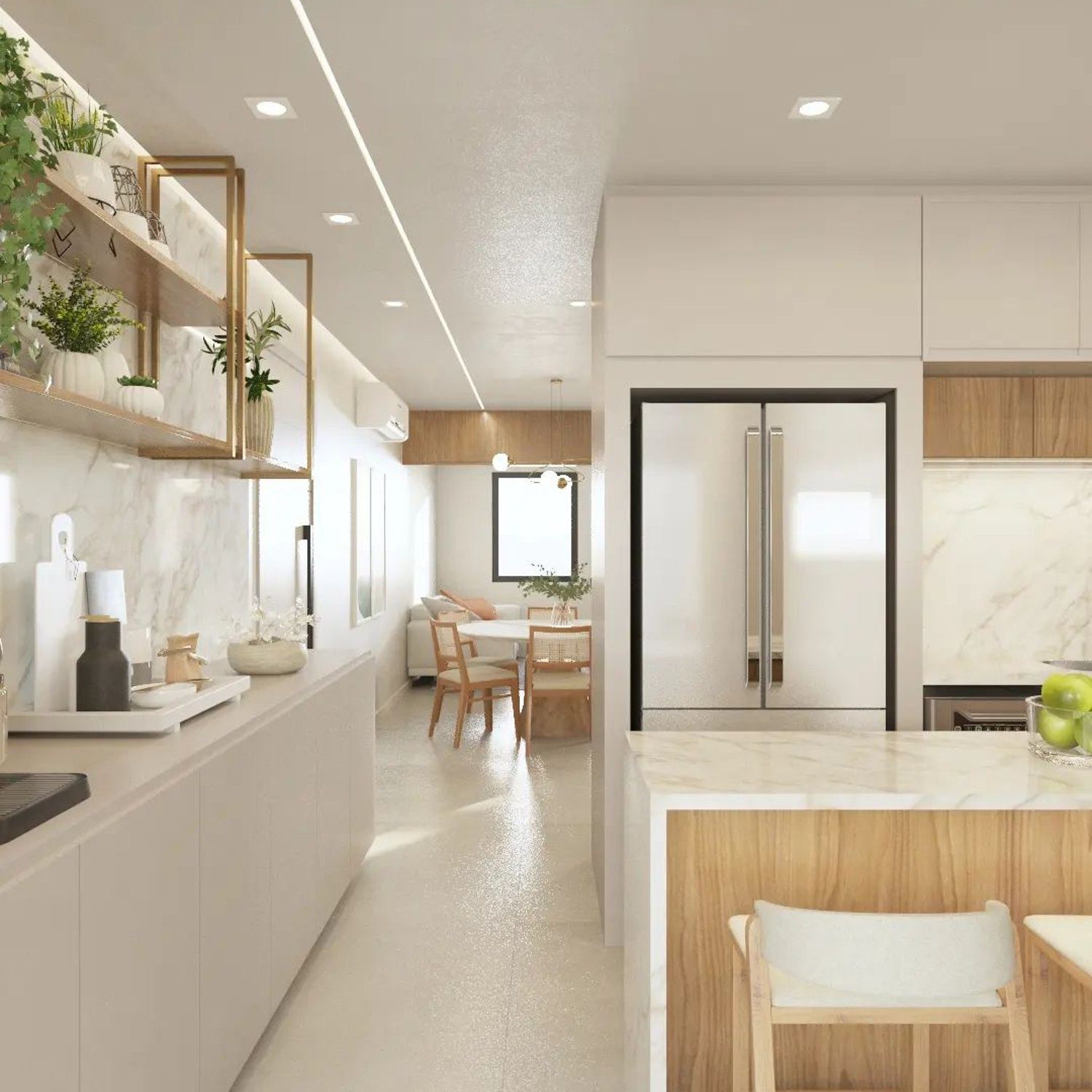 A modern kitchen and dining area with clean lines and a minimalist design. The kitchen features a long island with a marble countertop and wooden accents, while the dining area is furnished with a simple wooden table and chairs. Decorative plants add a touch of greenery to the space.