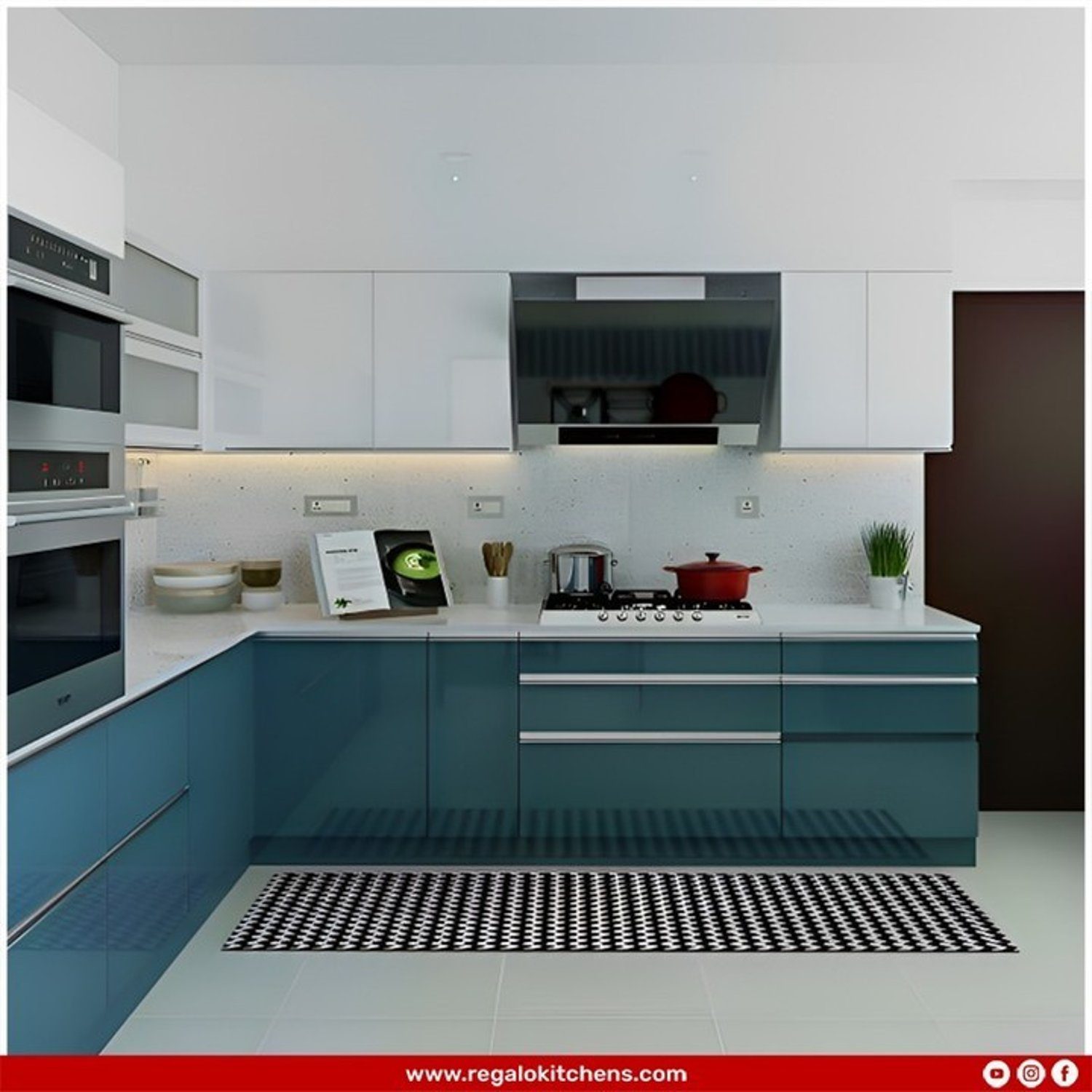 A sleek and modern kitchen design with teal cabinets and white countertops