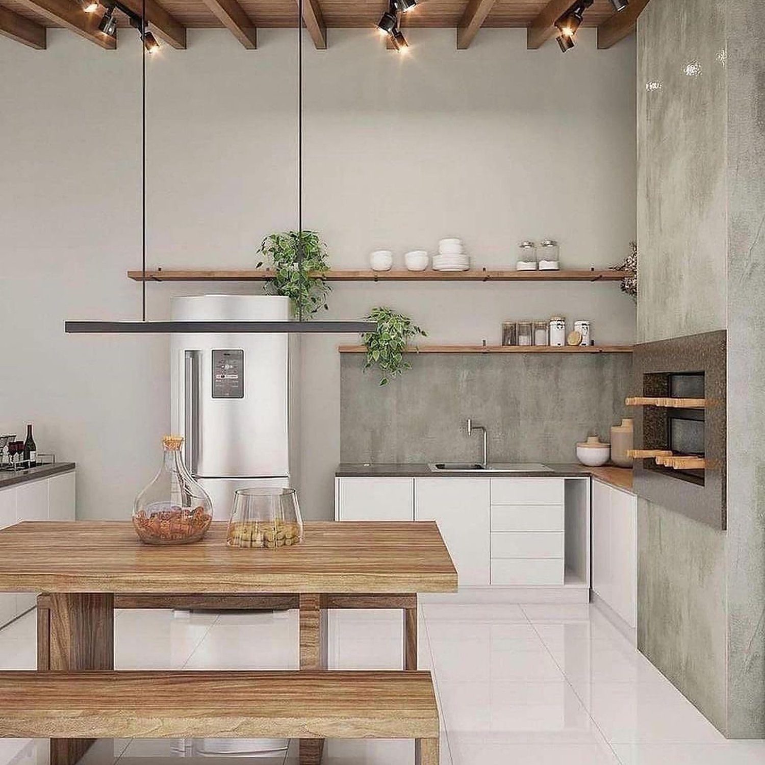 An elegantly designed modern kitchen with exposed wooden beams and a concrete accent wall