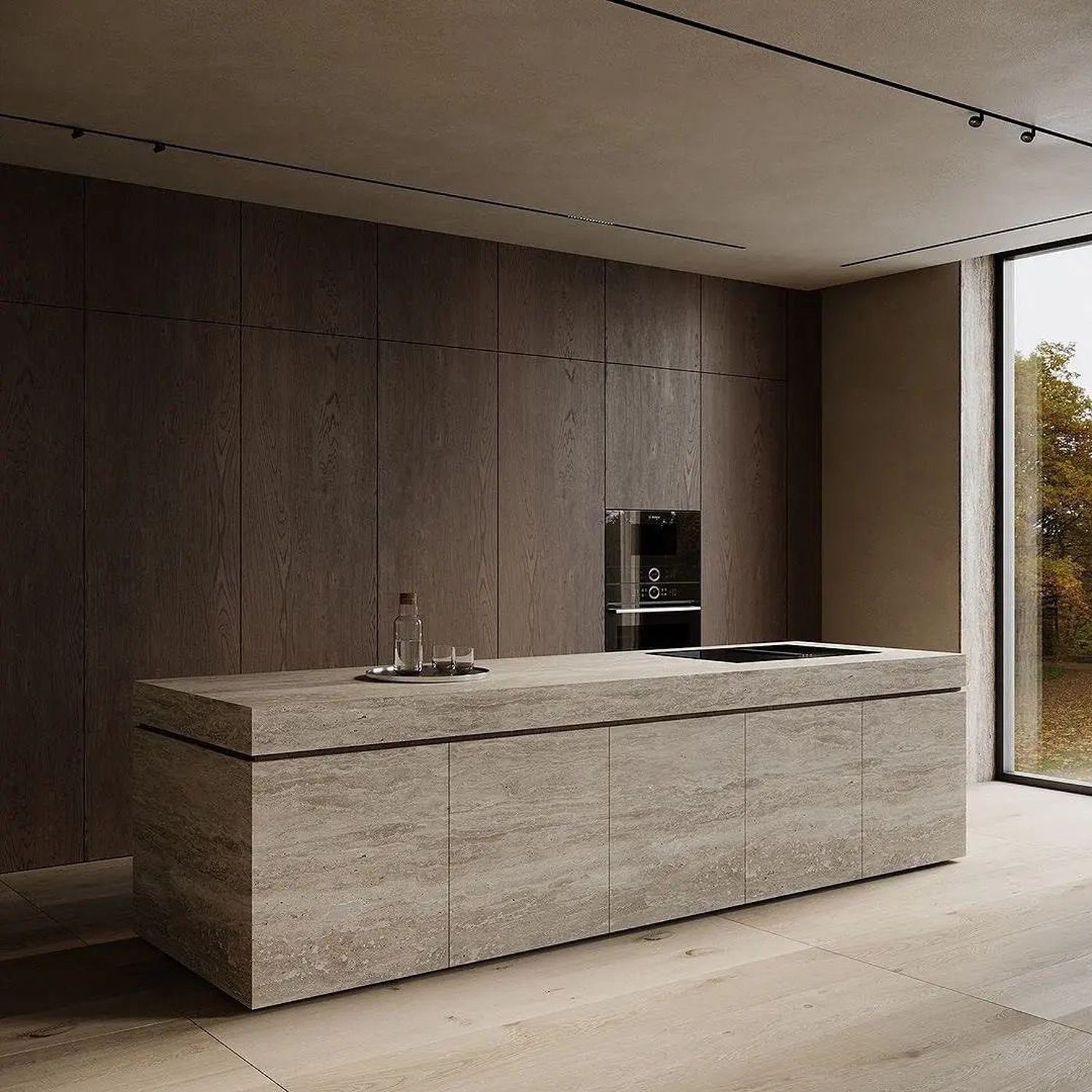 Minimalistic modern kitchen with seamless wooden units and integrated appliances