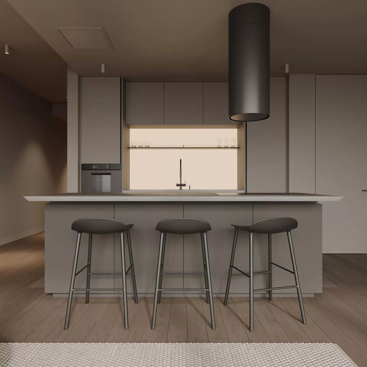 Modern minimalist kitchen with stylish bar stools