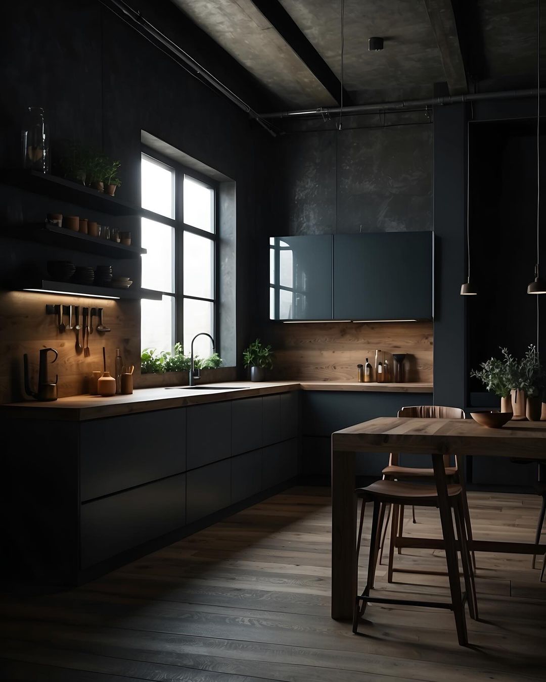 Dark-toned kitchen with warm wood accents