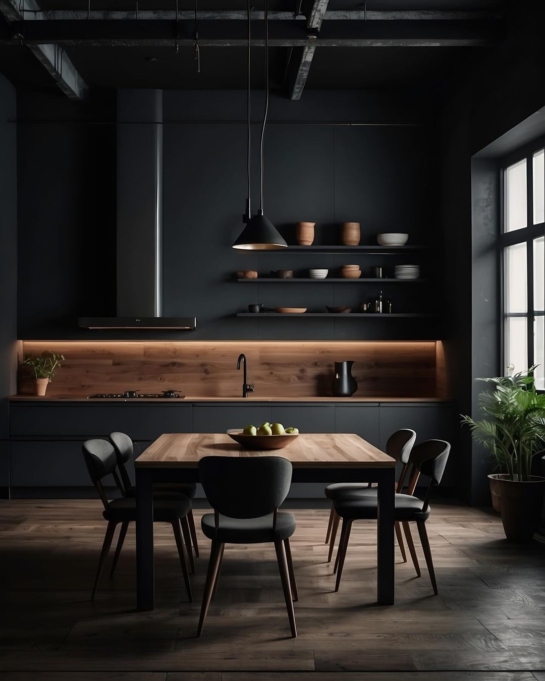 Modern dark-toned kitchen with wooden accents