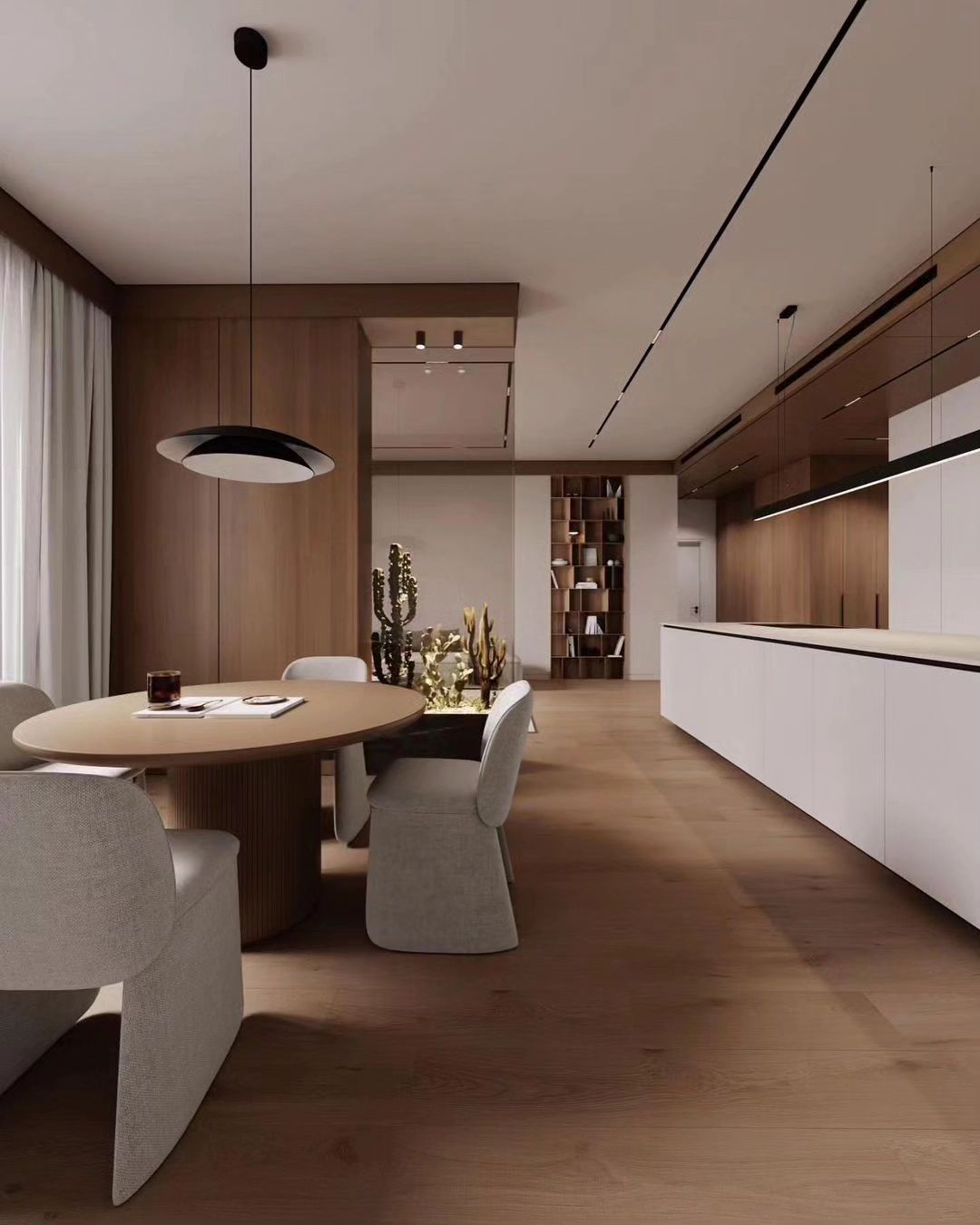 A minimalist modern kitchen with ample natural woodwork