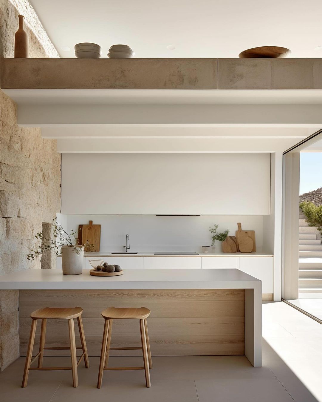 A minimalist kitchen with a harmonious blend of natural elements