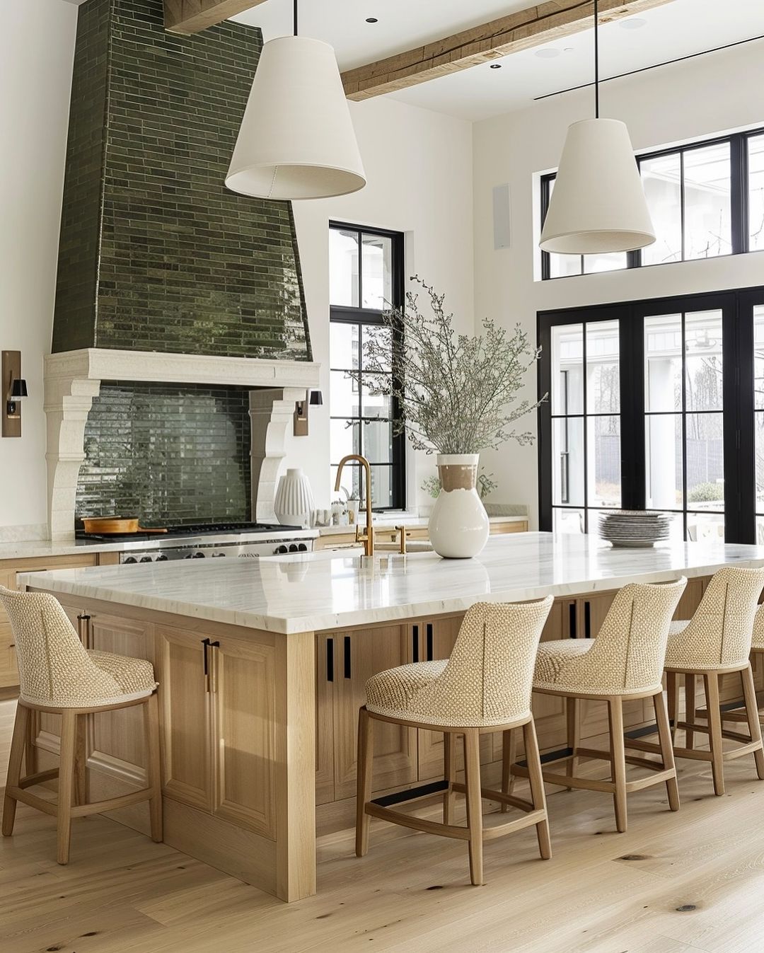 A modern kitchen with unique green brick backsplash