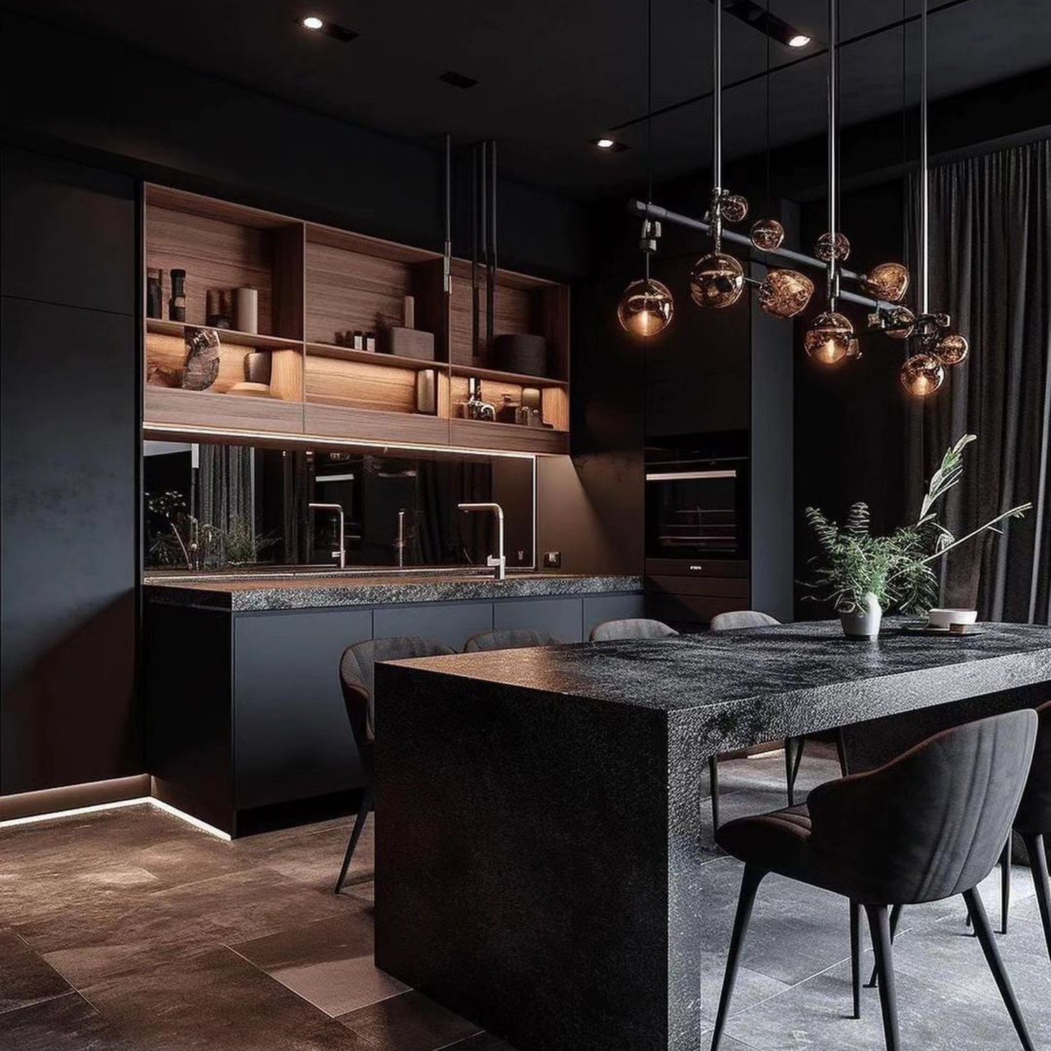 A sleek and modern kitchen featuring dark tones and ambient lighting