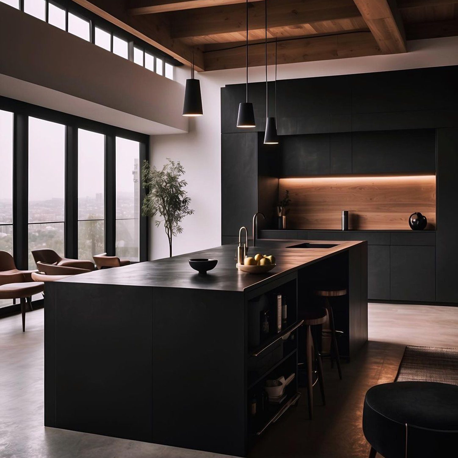 Modern dark-toned kitchen with high ceilings and wooden accents