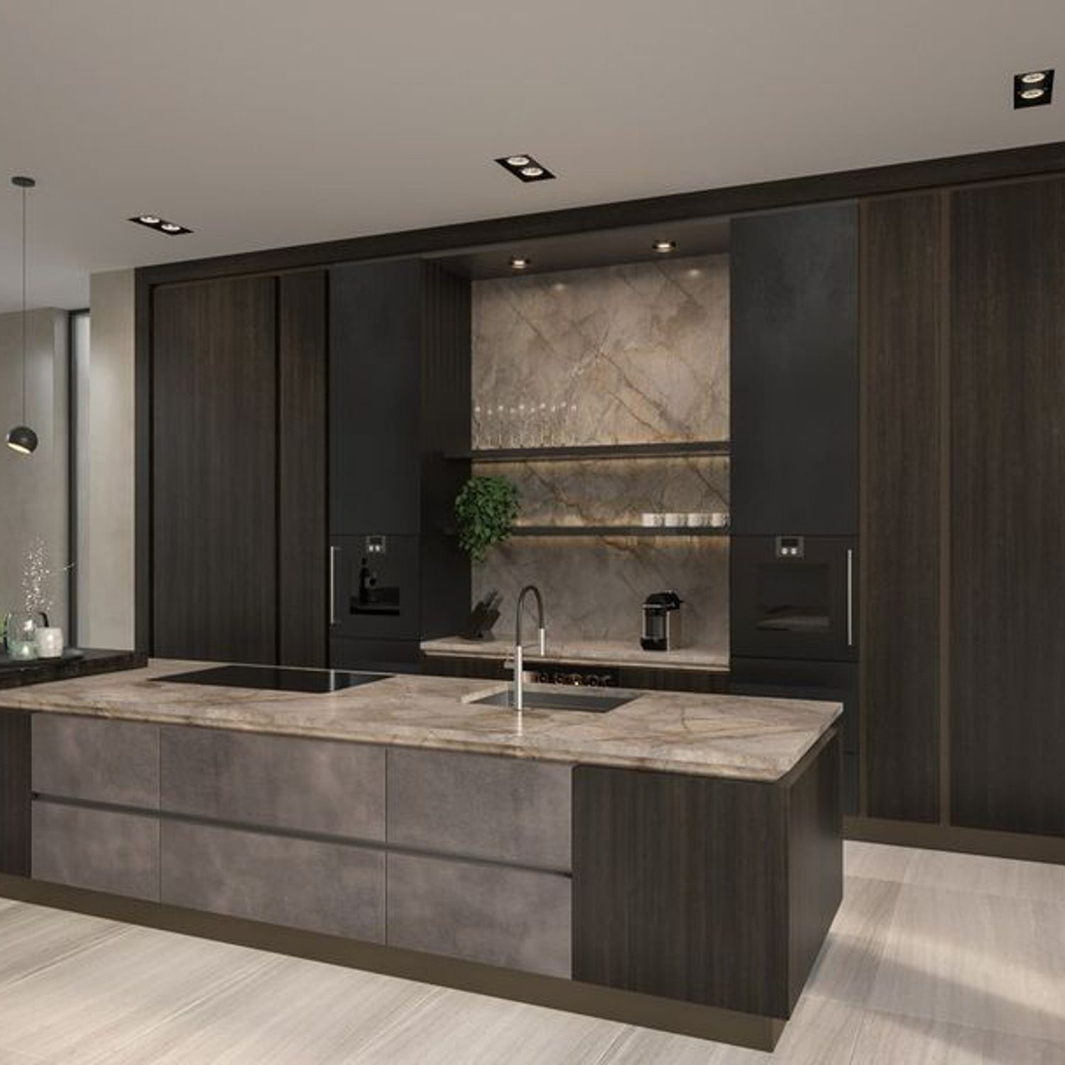 A sleek and modern kitchen with dark wood cabinetry and marble countertops