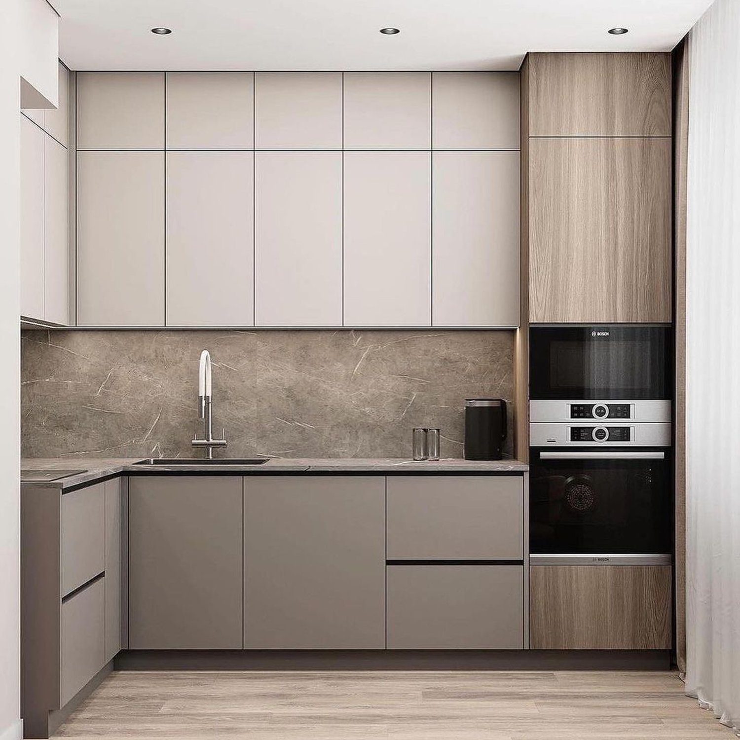 A sleek and modern kitchen with harmonized colors and materials